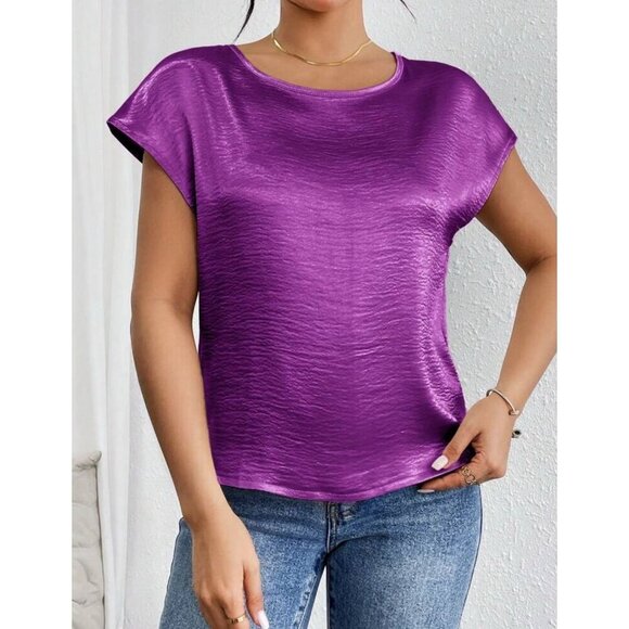 Shiny Purple Satin Blouse Womens Short Sleeve Round Neck Casual Top - Picture 3 of 5